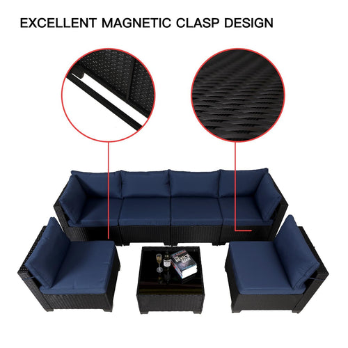 7 Pieces Outdoor Rattan Patio Sectional Set, Black Wicker Furniture Conversation Sets With Washable Cushions & Glass Coffee Table For Garden, Poolside, Backyard