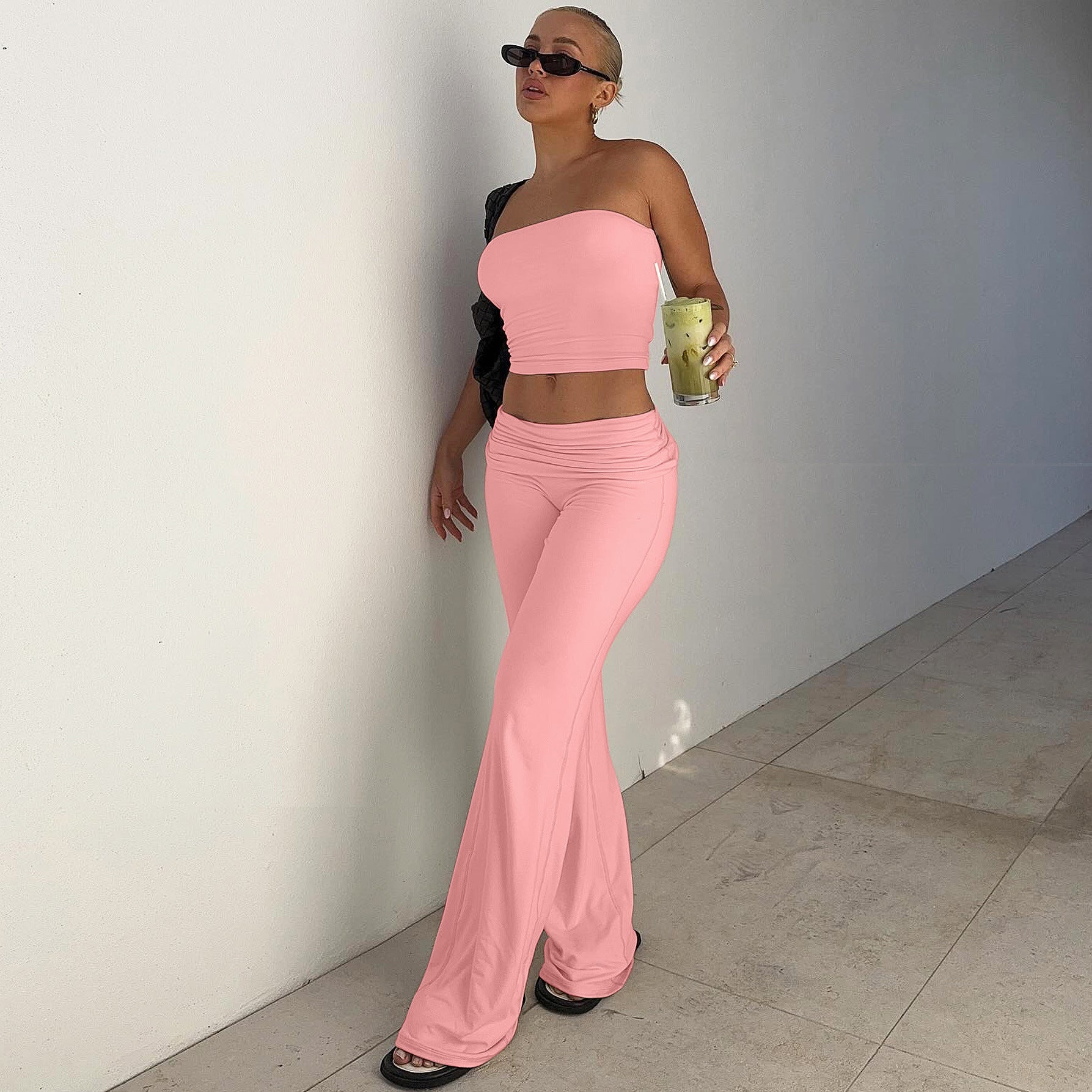 New Pure Color Tube-top Top Flared Pants Fashion Slim Suit
