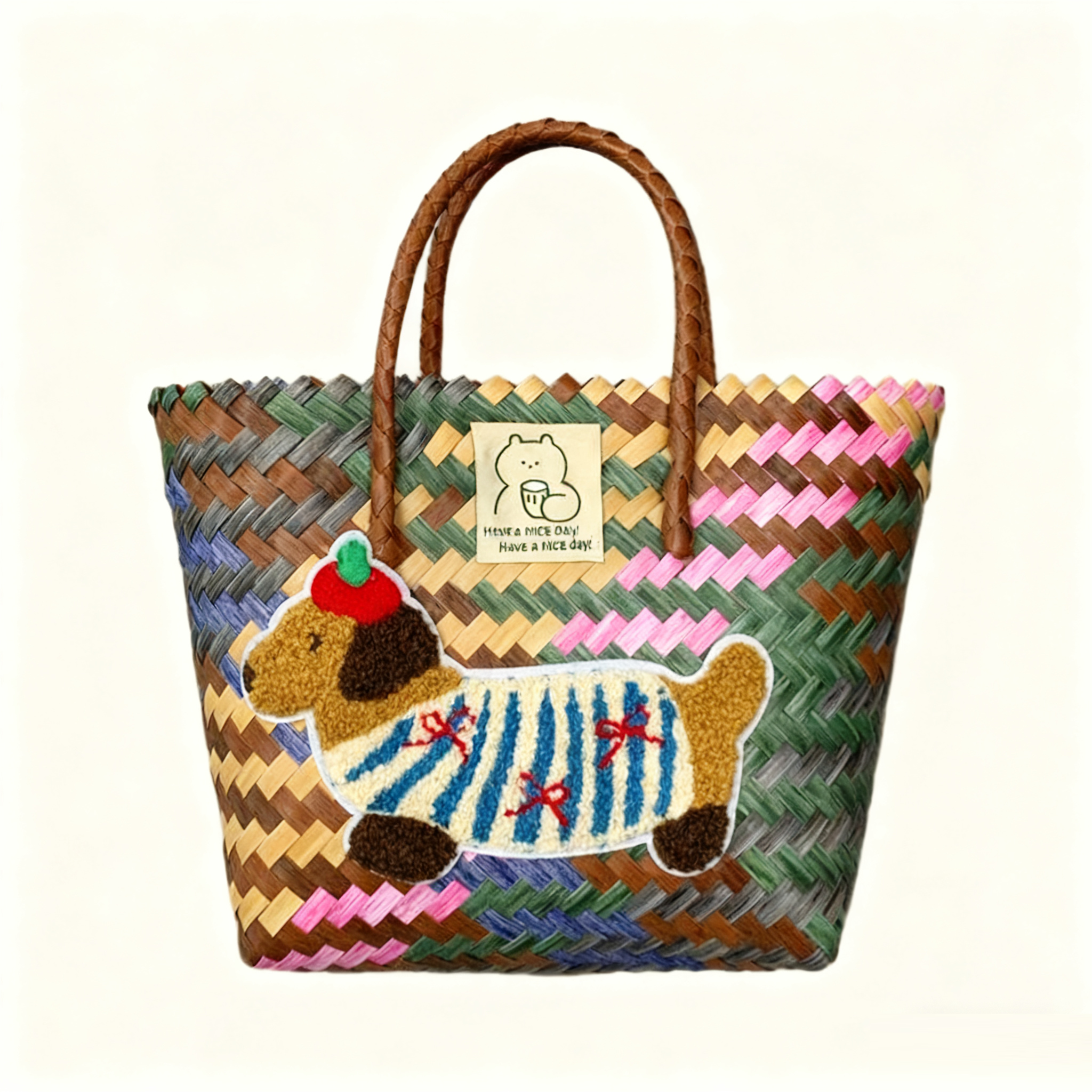 Large capacity sausage dog hand woven cabbage basket rattan woven handbag office miscellaneous carry bag picnic women's bag