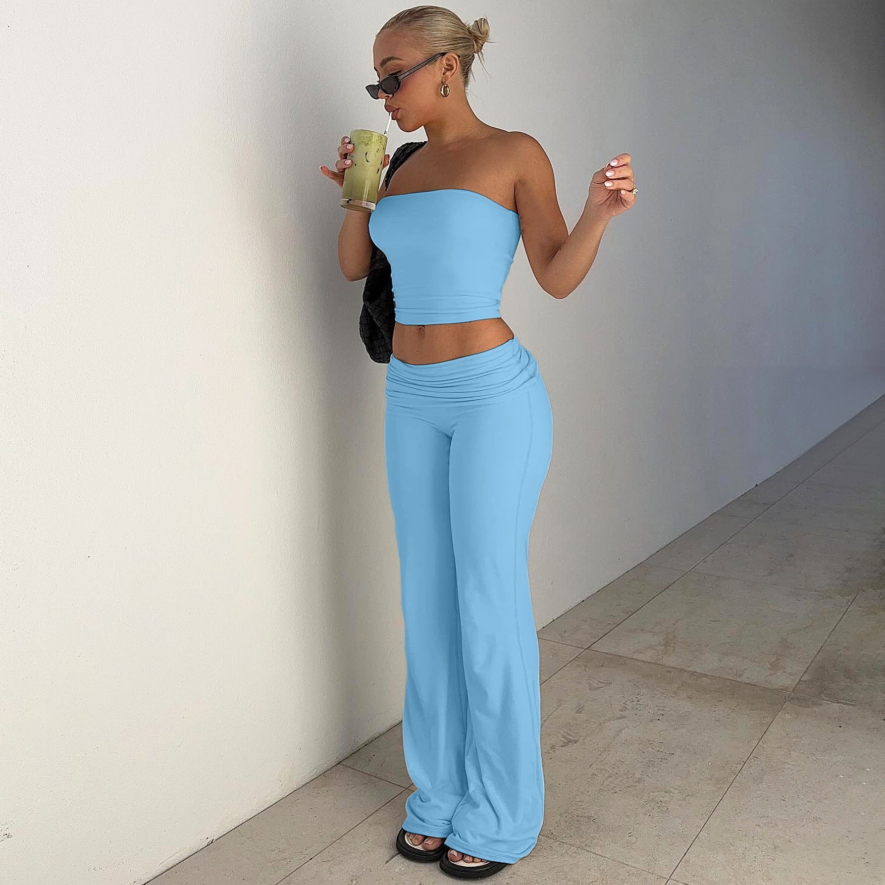 New Pure Color Tube-top Top Flared Pants Fashion Slim Suit