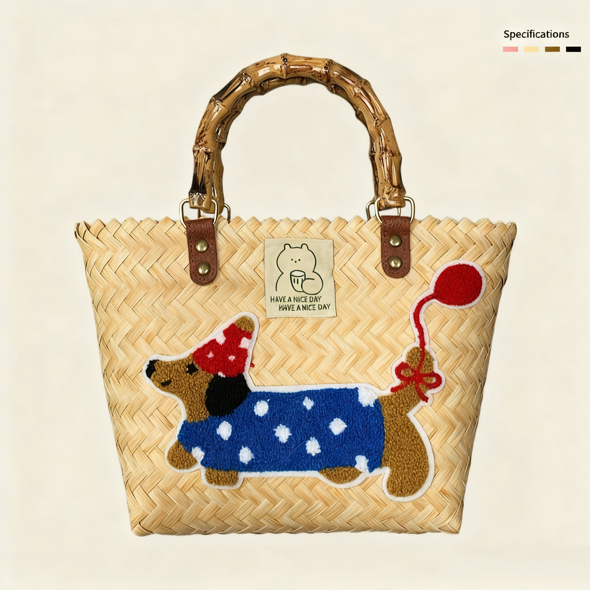 Large capacity sausage dog hand woven cabbage basket rattan woven handbag office miscellaneous carry bag picnic women's bag